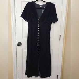 NWT The Kooples Navy Velvet Midi Button Dress in FR 2, US 6, M.